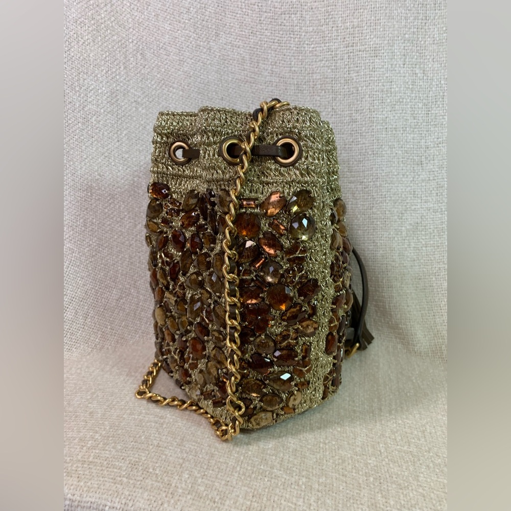 NEW Tory Burch Soft Fleming Gold Crochet Jewel Mini Bucket Tote/Crossbody Bag - Picture 6 of 16